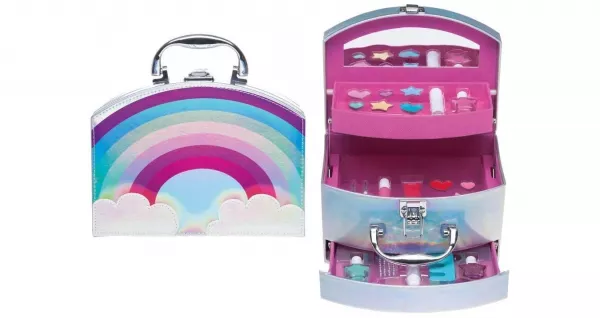 Set paleta machiaj copii tip geanta cosmetice Treffina Rainbow,  21 x 17,5 x 14,5 cm,  trusa produse cosmetice fete