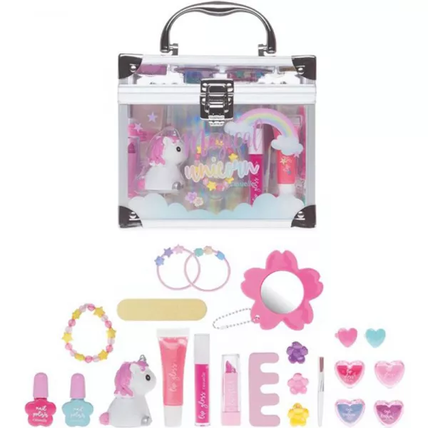 Set paleta machiaj copii tip geanta cosmetice Treffina Unicorn,  18 x 13 x 16,5 cm, trusa produse cosmetice fete