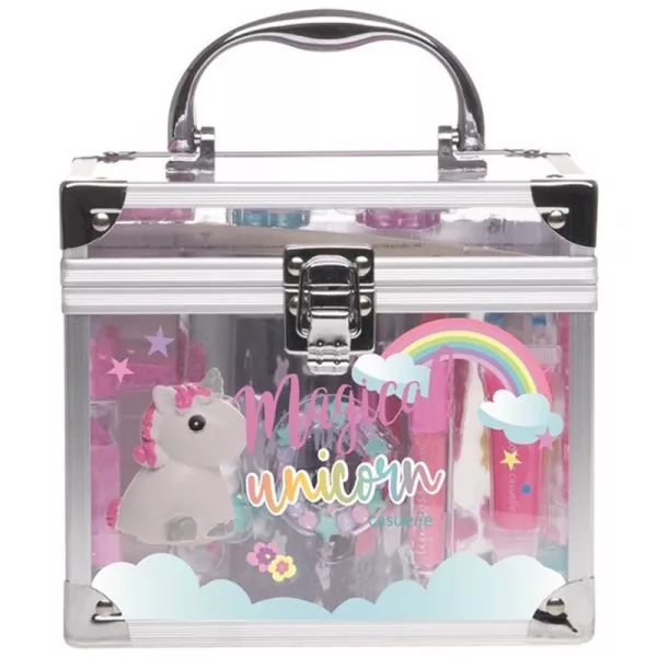 Set paleta machiaj copii tip geanta cosmetice Treffina Unicorn,  18 x 13 x 16,5 cm, trusa produse cosmetice fete
