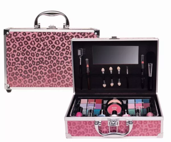 Set paleta machiaj tip geanta cosmetice Treffina 25 x 19 x 7,5 cm, trusa machiaj, leopard print