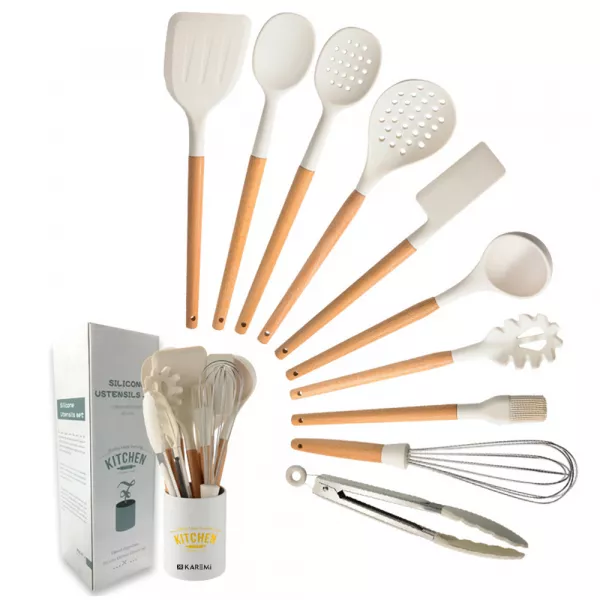 Set 10 ustensile de bucatarie Karemi, din silicon termorezistent si maner lemn, alb