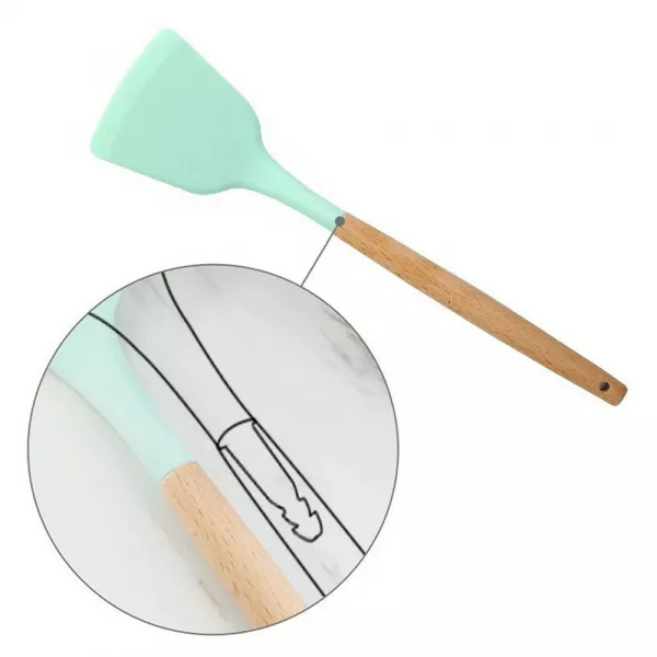 Set 12 ustensile de bucatarie Karemi, din silicon termorezistent si maner lemn, verde pal