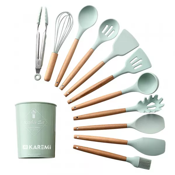 Set 12 ustensile de bucatarie Karemi, din silicon termorezistent si maner lemn, verde pal