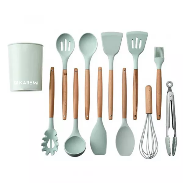 Set 12 ustensile de bucatarie Karemi, din silicon termorezistent si maner lemn, verde pal