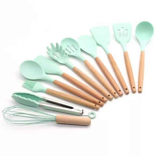 Set 12 ustensile de bucatarie Karemi, din silicon termorezistent si maner lemn, verde pal