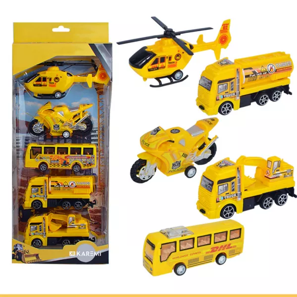 Set 5 masinute Karemi, seria de inginerie in constructii, cu elicopter, motocicleta, autobuz, cisterna, excavator, galbene