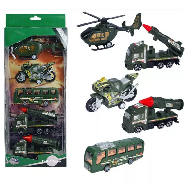 Set 5 masinute Karemi, seria fortelor militare, cu elicopter, motocicleta, autobuz politie, masini de lupta, verzi