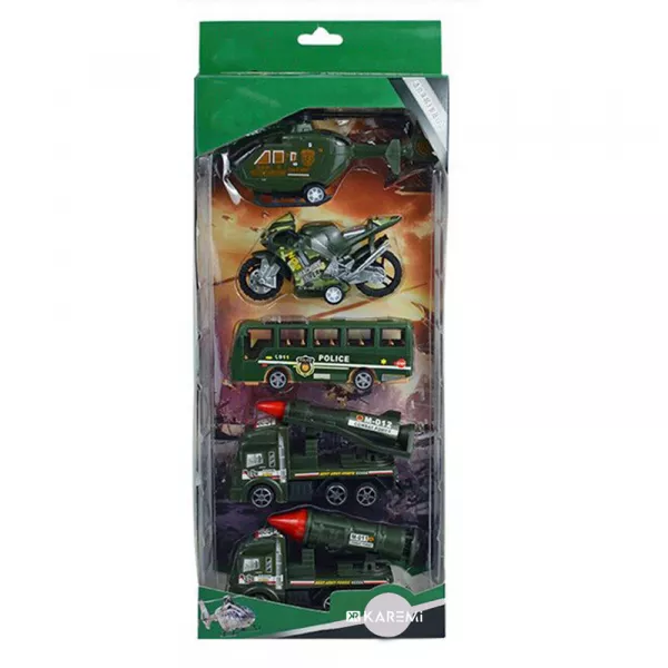 Set 5 masinute Karemi, seria fortelor militare, cu elicopter, motocicleta, autobuz politie, masini de lupta, verzi