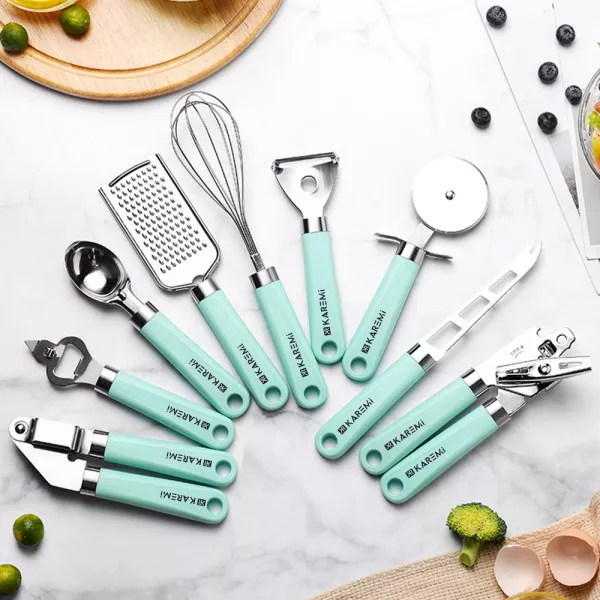 Set 9 ustensile de bucatarie Karemi, din otel inoxidabil si maner din silicon termorezistent, nuanta mint