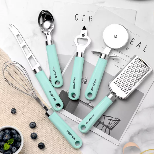 Set 9 ustensile de bucatarie Karemi, din otel inoxidabil si maner din silicon termorezistent, nuanta mint