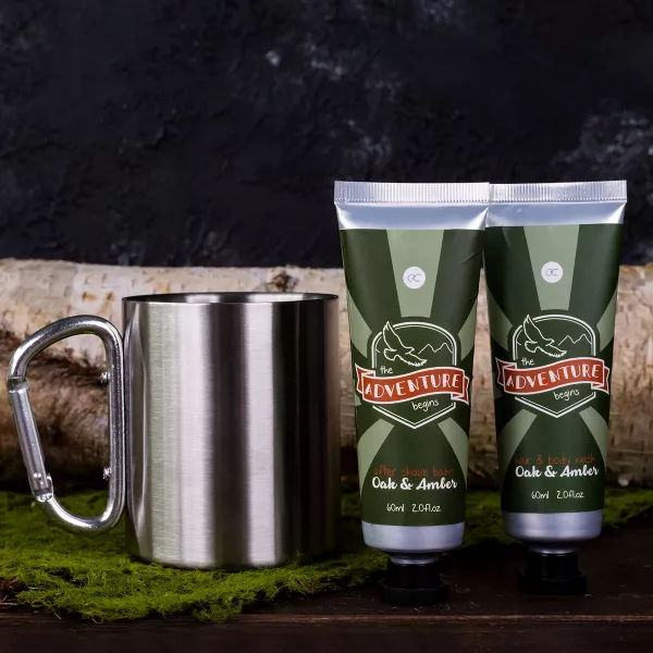 Set cadou barbati, gel de dus, cana metal, balsam after shave