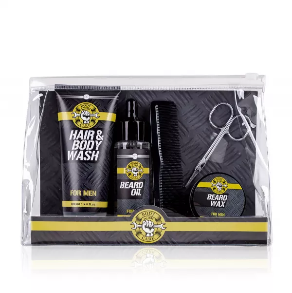Set cadou barbati, gel de dus, ceara barba, foarfece barba