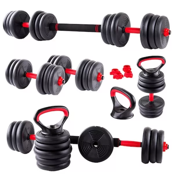 Set gantere reglabile kettlebell Karemi, 6 in 1, 30 kg, cu o multitudine de combinatii, negru cu rosu