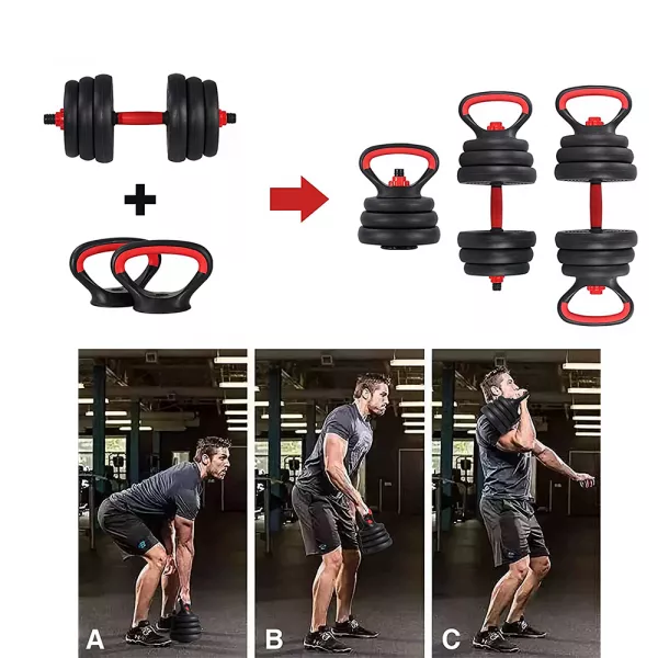 Set gantere reglabile kettlebell Karemi, 6 in 1, 30 kg, cu o multitudine de combinatii, negru cu rosu