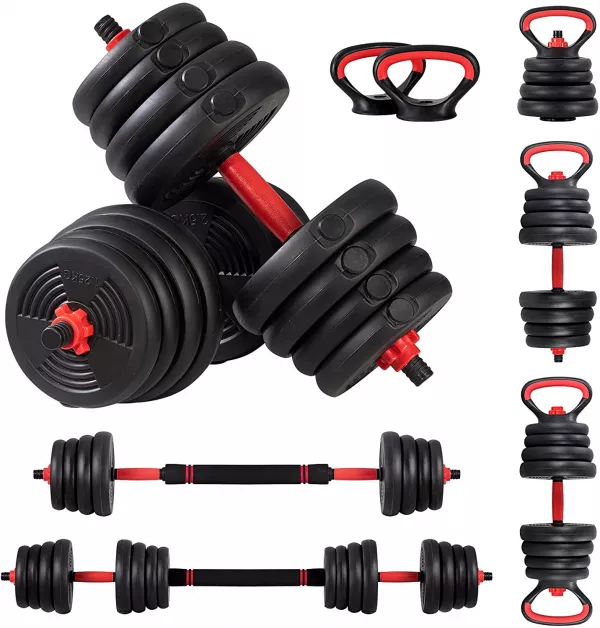 Set gantere reglabile kettlebell Karemi, 6 in 1, 30 kg, cu o multitudine de combinatii, negru cu rosu