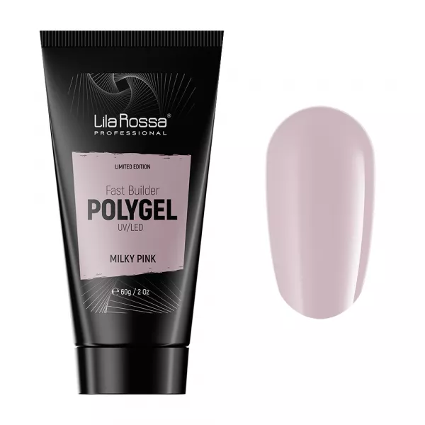 Kit Polygel Premium Milky Pink, Lila Rossa, pensula, tipsuri, lichid modelare, Fast Builder Polygel 60 g