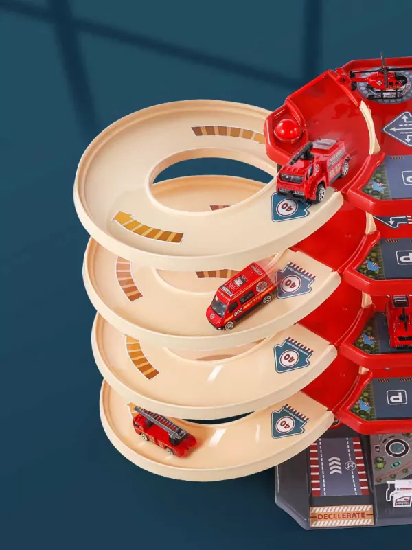 Set parcare pentru masinute Karemi, pe 4 nivele, 1 elicopter, 4 masini de pompieri