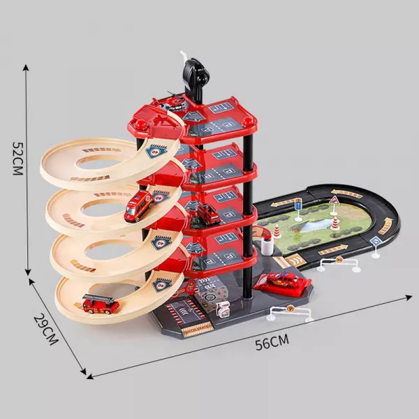 Set parcare pentru masinute Karemi, pe 4 nivele, 1 elicopter, 4 masini de pompieri