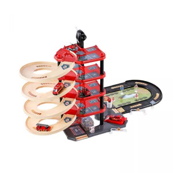 Set parcare pentru masinute Karemi, pe 4 nivele, 1 elicopter, 4 masini de pompieri