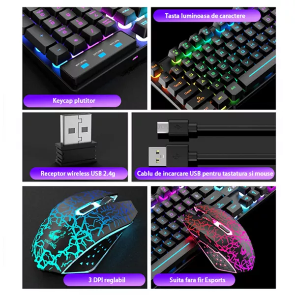 Set tastatura gaming ZiYou Lang T3, Wireless, iluminare rainbow, reincarcabila, cablu USB cu mouse si touchpad, Neagra