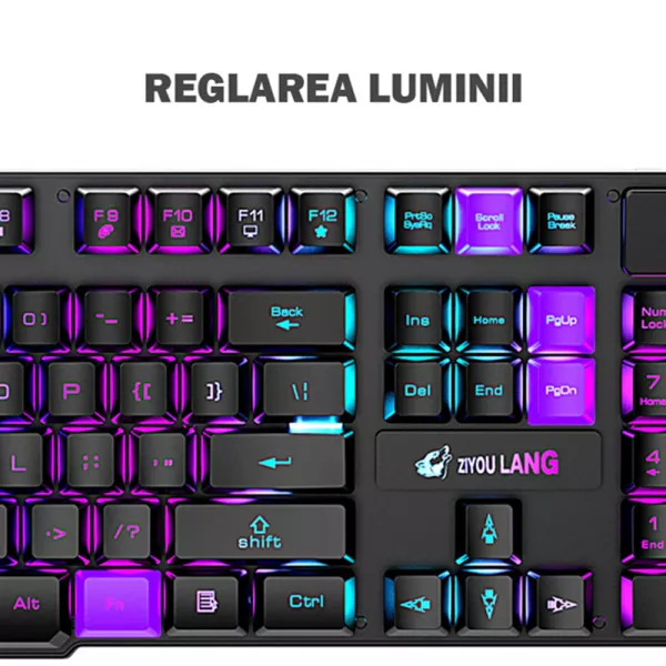 Set tastatura gaming ZiYou Lang T3, Wireless, iluminare rainbow, reincarcabila, cablu USB cu mouse si touchpad, Neagra