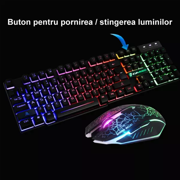 Set tastatura gaming ZiYou Lang T3, Wireless, iluminare rainbow, reincarcabila, cablu USB cu mouse si touchpad, Neagra