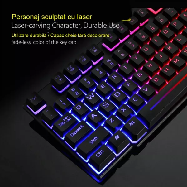 Set tastatura gaming ZiYou Lang T3, Wireless, iluminare rainbow, reincarcabila, cablu USB cu mouse si touchpad, Neagra