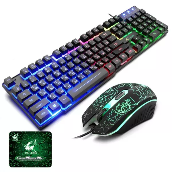 Set tastatura gaming ZiYou Lang T3, Wireless, iluminare rainbow, reincarcabila, cablu USB cu mouse si touchpad, Neagra