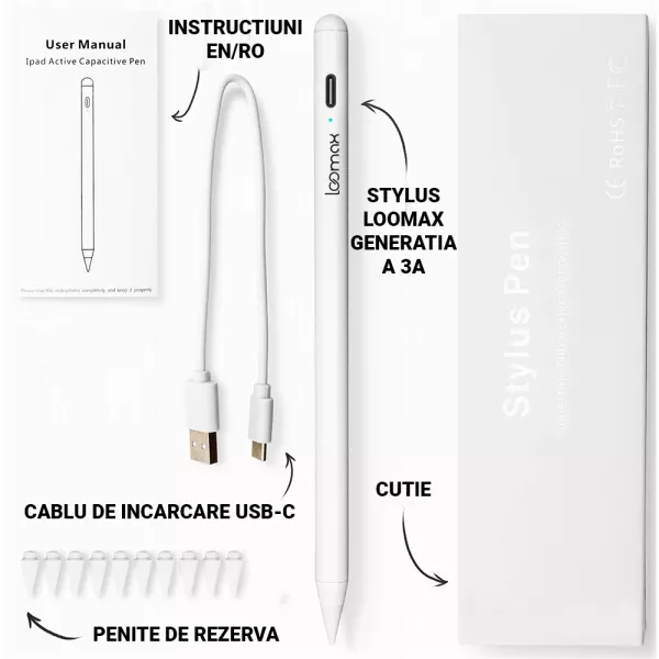 Stylus Pen, Loomax, pix pentru tableta iPad Apple, 10 penite anti-zgarieturi, 1 functie Palm Rejection, Tilt, Magnetic, USB-C, Alb