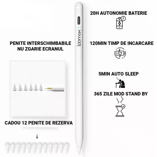 Stylus Pen, Loomax, pix pentru tableta iPad Apple, 10 penite anti-zgarieturi, 1 functie Palm Rejection, Tilt, Magnetic, USB-C, Alb