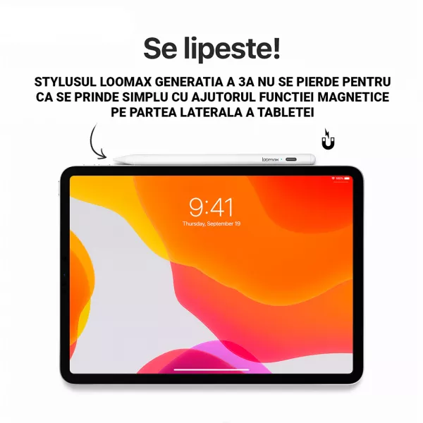 Stylus Pen, Loomax, pix pentru tableta iPad Apple, 10 penite anti-zgarieturi, 1 functie Palm Rejection, Tilt, Magnetic, USB-C, Alb