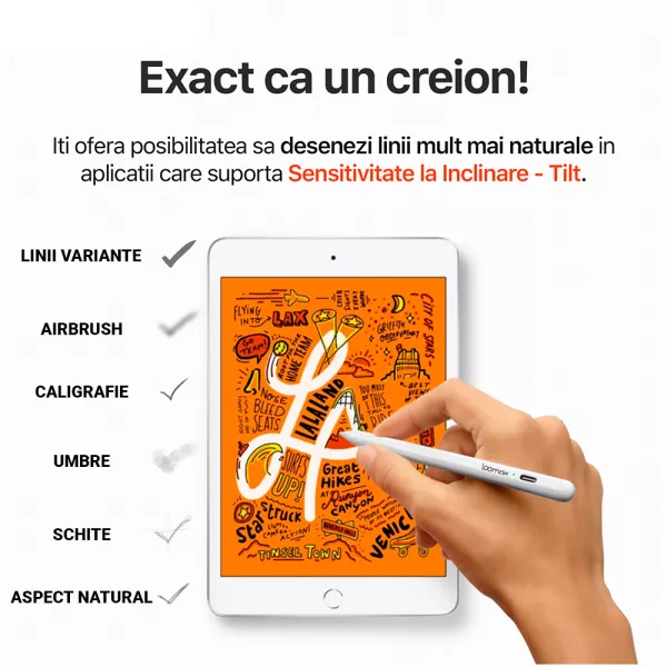 Stylus Pen, Loomax, pix pentru tableta iPad Apple, 10 penite anti-zgarieturi, 1 functie Palm Rejection, Tilt, Magnetic, USB-C, Alb