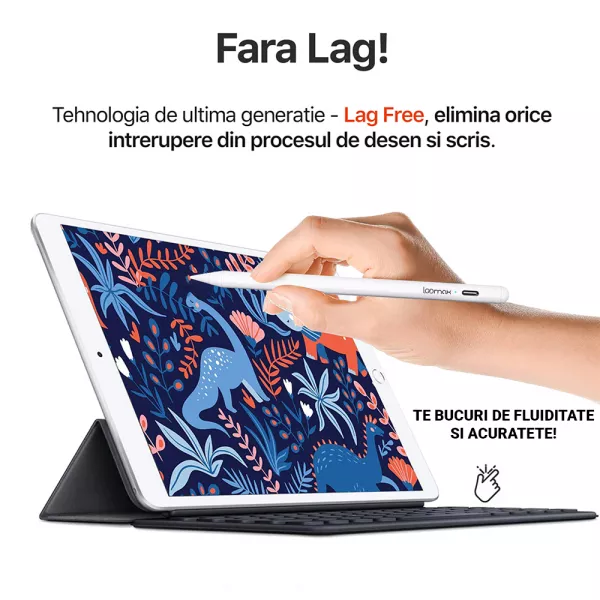 Stylus Pen, Loomax, pix pentru tableta iPad Apple, 10 penite anti-zgarieturi, 1 functie Palm Rejection, Tilt, Magnetic, USB-C, Alb