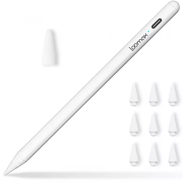 Stylus Pen, Loomax, pix pentru tableta iPad Apple, 10 penite anti-zgarieturi, 1 functie Palm Rejection, Tilt, Magnetic, USB-C, Alb
