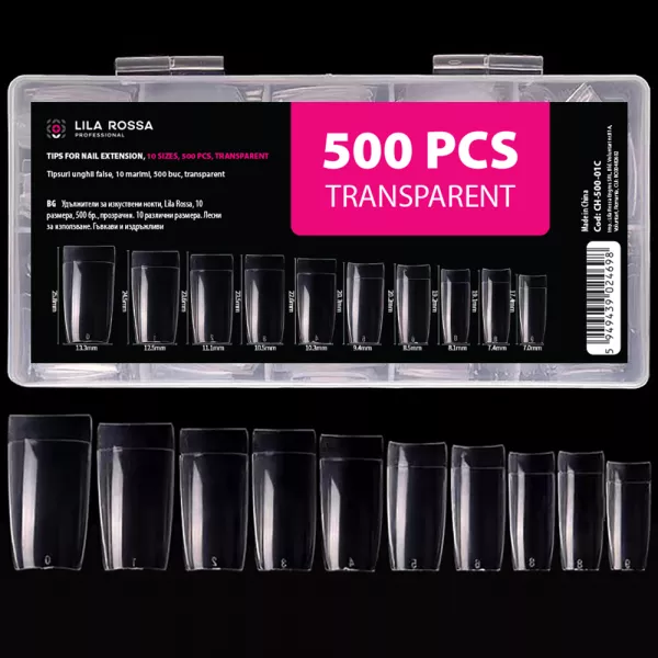 Tipsuri unghii false, 500 buc, 10 marimi, Lila Rossa, Transparent