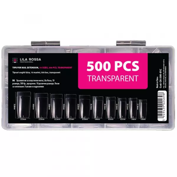 Tipsuri unghii false, 500 buc, 10 marimi, Lila Rossa, Transparent
