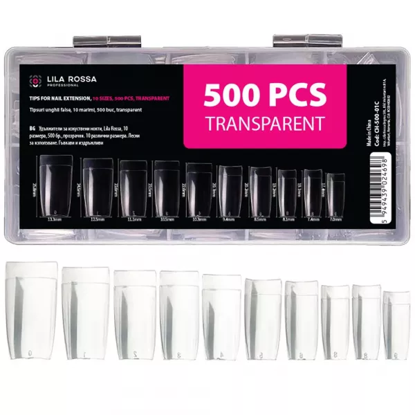 Tipsuri unghii false, 500 buc, 10 marimi, Lila Rossa, Transparent