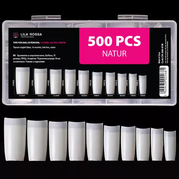 Tipsuri unghii false, 500 buc, 10 marimi, Lila Rossa, Natur