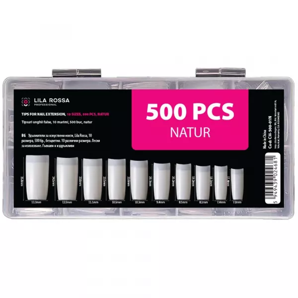Tipsuri unghii false, 500 buc, 10 marimi, Lila Rossa, Natur