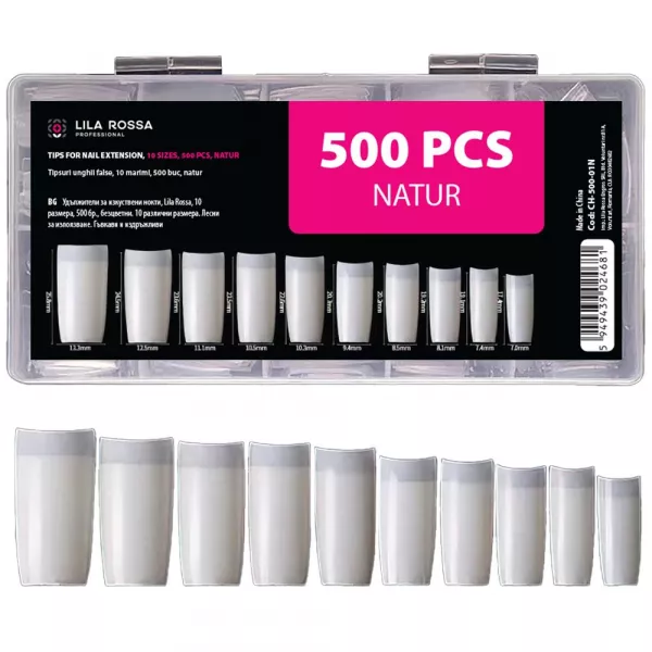 Tipsuri unghii false, 500 buc, 10 marimi, Lila Rossa, Natur