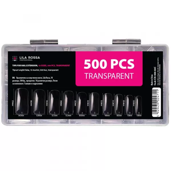 Tipsuri unghii false, 500 buc, 10 marimi, Lila Rossa, Transparent
