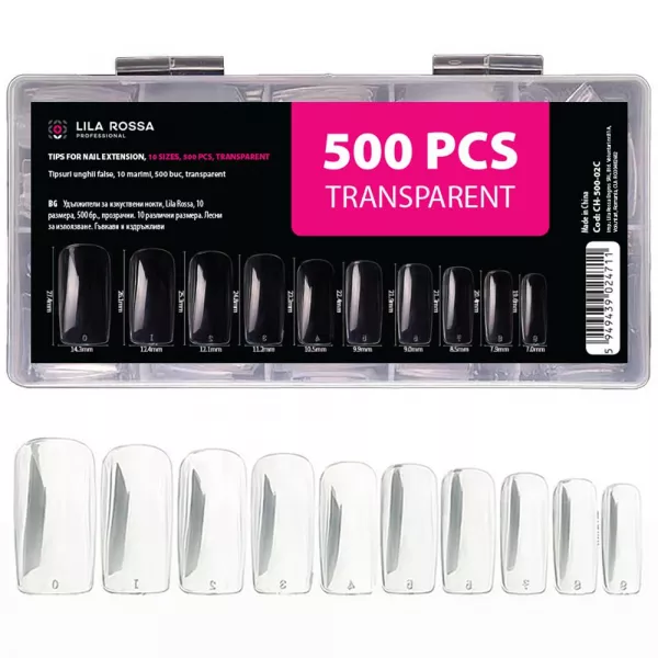 Tipsuri unghii false, 500 buc, 10 marimi, Lila Rossa, Transparent