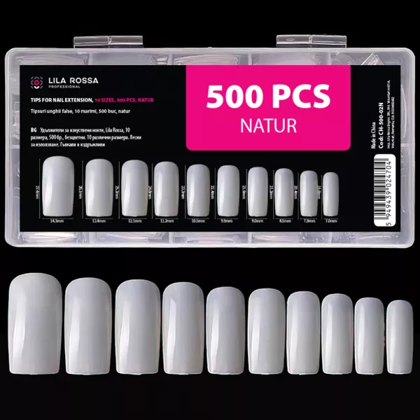 Tipsuri unghii false, 500 buc, 10 marimi, Lila Rossa, Natur