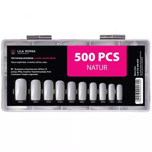 Tipsuri unghii false, 500 buc, 10 marimi, Lila Rossa, Natur