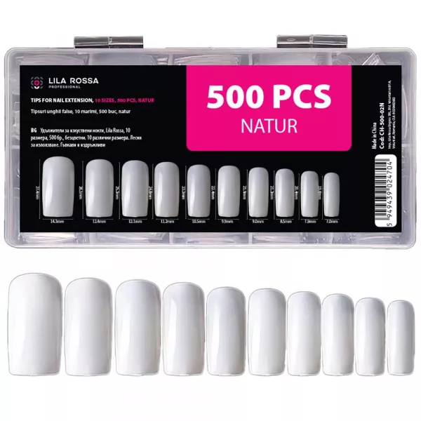 Tipsuri unghii false, 500 buc, 10 marimi, Lila Rossa, Natur