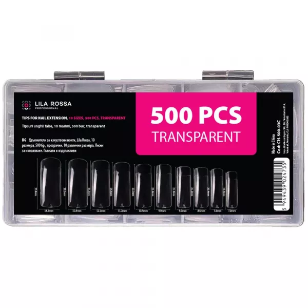 Tipsuri unghii false, 500 buc, 10 marimi, Lila Rossa, Transparent