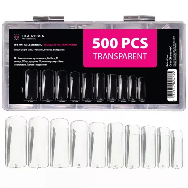 Tipsuri unghii false, 500 buc, 10 marimi, Lila Rossa, Transparent