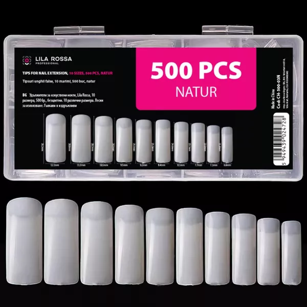 Tipsuri unghii false, 500 buc, 10 marimi, Lila Rossa, Natur