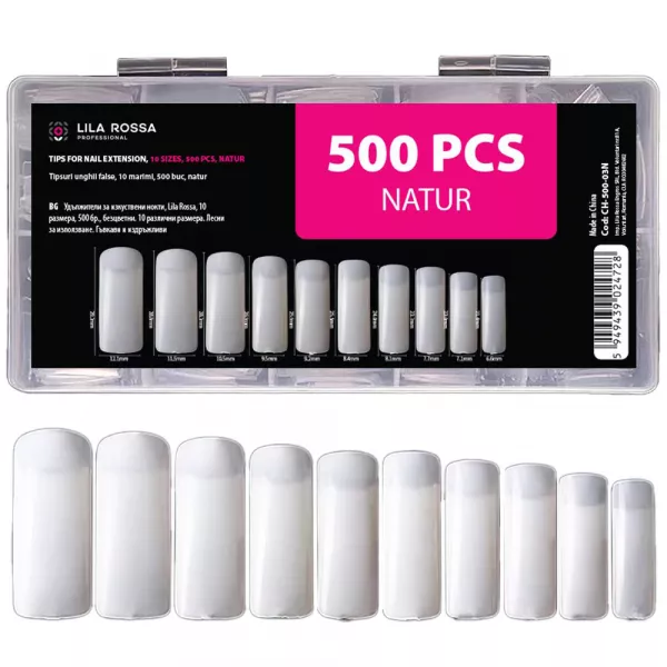 Tipsuri unghii false, 500 buc, 10 marimi, Lila Rossa, Natur