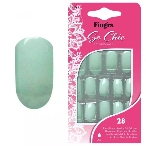 Tipsuri unghii false color press-on, So Chic Colored Nails, Mint High Gloss, Fingrs, 28 buc. + lipici unghii false + pila unghii + betisor bambus 